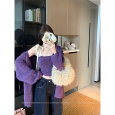 批发御姐风紫色两件套女2025秋冬新款慵懒感毛衣开衫绑带<b class='q'>蕾丝</b>吊带背心