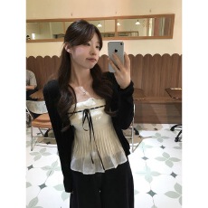 批发甜辣少女感两件套女2025早秋穿搭简约黑色开衫蝴蝶结性感吊带套装