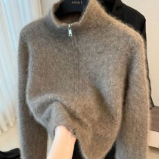 批发美拉德咖色马海毛拉链针织开衫外套女<b class='q'>秋</b>冬外穿奶fufu宽松软糯上衣