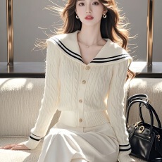 批发小众不撞款白色海军领针织毛衣2025<b class='q'>秋</b>季软糯慵懒设计感内搭打底衫