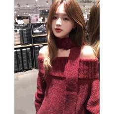 批发一字肩挂脖飘带高级感甜辣修身显瘦毛衣冬新款纯欲洋气气质上衣潮