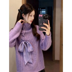 批发紫色蝴蝶结立领毛衣女款2025新款<b class='q'>秋</b>冬立体花朵气质长袖针织衫上衣