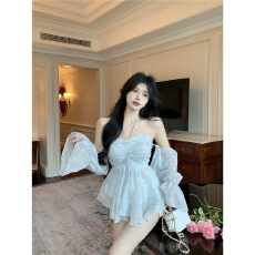 批发甜辣纯欲风性感蓝色超仙<b class='q'>碎花</b>雪纺挂脖一字肩<b class='q'>衬衫</b>袖子可拆卸度假拍