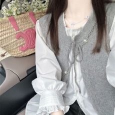 批发套装/单件法式中国风复古开衫针织背心马甲毛衣女春季+泡泡袖衬衫