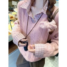 批发韩系复古假两件拼接格子<b class='q'>衬衫</b>领针织衫秋冬季休闲简约百搭减龄上衣