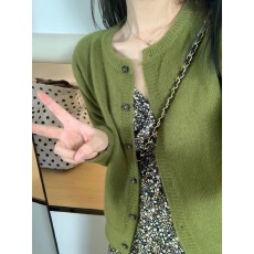 批发简约复古百搭小个子圆领外套春秋季绿色上衣女针织衫<b class='q'>短款</b>外搭<b class='q'>开衫</b>