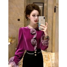 批发紫色丝绒<b class='q'>衬衫</b>2025冬季独特超好看轻奢高级感法式气质收腰内搭上衣