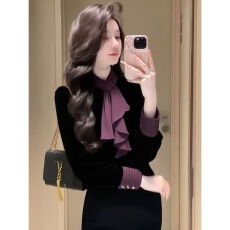 批发黑色丝绒上衣2025冬季轻奢高级感绝美巨好看气质名媛收腰内搭<b class='q'>衬衫</b>