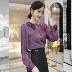 批发2025早秋新款上衣初秋穿搭高级感优雅气质紫色轻奢女士长袖衬衫