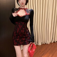 批发性感辣妹气质镂空蕾丝长袖<b class='q'>连衣裙</b>女秋冬收腰修身绝美包臀小妈裙子