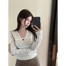 批发韩版法式<b class='q'>白色</b>v领长袖蕾丝衫T恤女秋季纯欲内搭打底衫紧身短款上衣