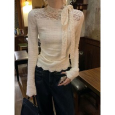 批发慵懒风蕾丝钩花半高领长袖<b class='q'>女</b>装秋季小众蝴蝶结绑带打底衫内搭上衣