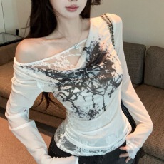 批发秋季甜辣印花罩衫荡领薄上衣设计感掐腰小众蕾丝拼接长袖T恤女ins