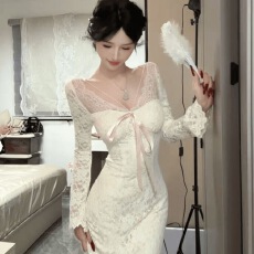 批发法式纯欲风蝴蝶结V领连衣裙女秋冬修身显瘦鱼尾长裙子