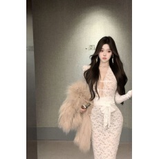 批发法式优雅紫色长袖连衣裙女秋冬重工蕾丝系带包臀裙长裙子