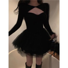 批发年会连衣裙女黑色蓬蓬短裙2026秋季新款法式气质网纱礼服公主裙子