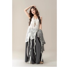 批发灰色立体花朵针织开衫女秋季新款内搭蕾丝背心<b class='q'>罩衫</b>花边阔腿裤套装