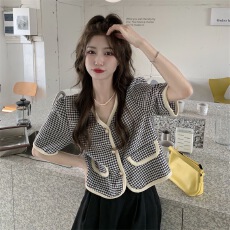 批发小香风衬衫外套女夏季2026新款千鸟格V领短款洋气<b class='q'>短袖</b>开衫上衣ins