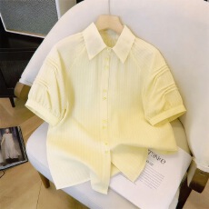 批发港风复古条纹短袖衬衫女夏季<b class='q'>新款</b>设计感宽松时尚百搭洋气减龄上衣