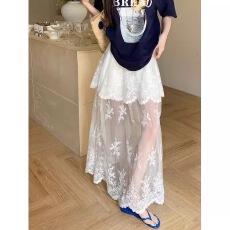 批发法式复古显瘦蕾丝半身裙女2026夏季气质减龄A字裙子拼接网纱长裙