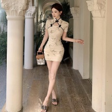 批发中国风少女复古新中式蚀骨<b class='q'>镂空</b>性感改良版旗袍褶皱收腰包臀<b class='q'>连衣裙</b>