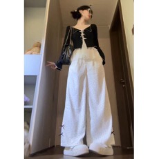 批发蝴蝶结叠穿长袖针织衫蕾丝吊带背心波点阔腿裤女<b class='q'>秋</b>季新款时尚套装