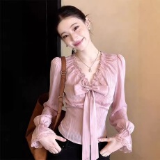 批发韩系甜美风<b class='q'>V领</b>蝴蝶结喇叭袖衬衫女春季收腰显瘦气质减龄粉色上衣