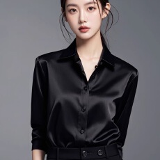 批发2025秋装新款高级感轻奢醋酸缎面黑<b class='q'>衬衫</b>女长袖职业法式小众<b class='q'>OL</b><b class='q'>衬衣</b>