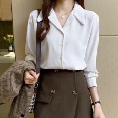 批发职业衬衫女春装复古长袖设计感西装领<b class='q'>雪纺</b>洋气小个子内搭打底上衣