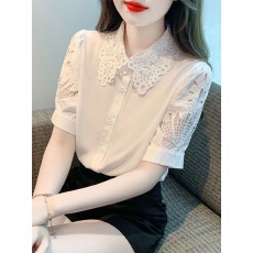批发法式时尚洋气设计感镂空<b class='q'>衬衫女</b>2026春夏季新款POLO领<b class='q'>短袖</b>百搭上衣