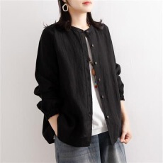 批发春秋季<b class='q'>棉麻</b><b class='q'>衬衫</b>女宽松圆领大码休闲收口袖上衣女灯笼袖五分<b class='q'>衬衣</b>女
