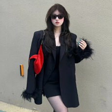 批发甜酷黑色西装外套女秋季新款中<b class='q'>长款</b>高级感休闲宽松小个子西服上衣
