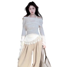 批发韩系辣妹挂脖<b class='q'>蕾丝</b>拼接吊带显瘦长袖T恤女设计感轻薄<b class='q'>罩衫</b>上衣套装