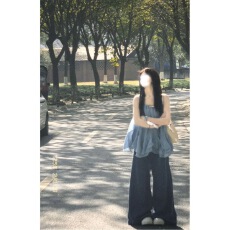 批发小清新荷叶边系带吊带背心夏季海边度假风上衣美式牛仔阔腿<b class='q'>裤</b><b class='q'>套装</b>