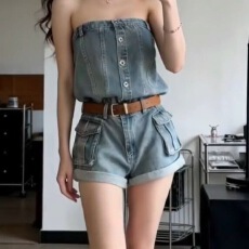批发美式复古设计感穿搭蓝色连衣<b class='q'>裤</b>子女y2k千禧辣妹高级卷边显瘦短<b class='q'>裤</b>