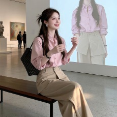 批发韩系通勤时髦两件套女2026新款粉色减龄<b class='q'>衬衣</b>宽松百搭休闲长<b class='q'>裤</b>套<b class='q'>装</b>