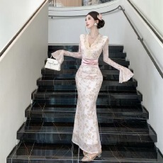 批发印花蕾丝长袖鱼尾礼服裙含内里晚宴优雅气质显瘦<b class='q'>高腰</b>精致S-XL