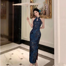 批发新中式名媛优雅复古印花开叉改良旗袍<b class='q'>连衣裙</b>开叉无袖盘扣<b class='q'>连衣裙</b>女