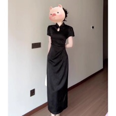 批发<b class='q'>大码</b>新款绝美气质新中式国风黑色提花改良旗袍短袖连衣裙子女夏季
