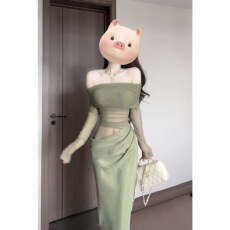 批发绿色网纱一字肩抹胸长袖<b class='q'>连衣裙</b>女春夏海边度假收腰修身气质长裙子