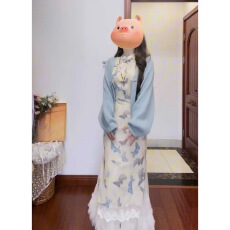批发新中式名媛温柔风蓝色蝴蝶印花连衣裙独特绝美气质改良<b class='q'>旗袍</b>裙25秋