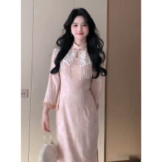 批发温柔风独特漂亮超好看连衣裙气质高级感改良<b class='q'>旗袍</b>粉色长裙子2026秋