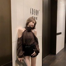 批发纯欲辣妹雪纺露肩长袖<b class='q'>衬衣</b>含裹胸2024秋冬新款法式心机上衣女装