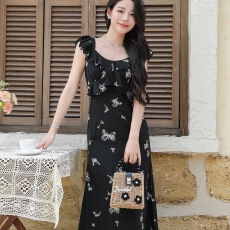 批发飞飞袖蝴蝶印花法式气质裙<b class='q'>黑色</b>收腰中长款小个子无袖连衣裙女夏季