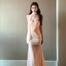 批发新款2026<b class='q'>夏</b>裸色网纱抹胸<b class='q'>连衣裙</b>女高级感气质度假修身鱼尾包臀长裙