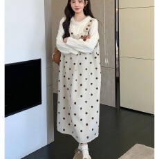 批发胖mm260斤温柔ins风波点连衣裙女秋冬<b class='q'>大码</b>打底衫背带长裙两件套装