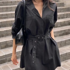 批发ins 韩版气质复古大口袋腰带收腰休闲简约宽松<b class='q'>衬衫</b>连衣裙女
