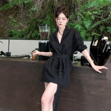 批发御姐小众气质连衣裙2025春秋西装领长袖腰带收腰显瘦中长款<b class='q'>衬衫</b>裙