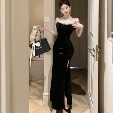 批发丝绒毛毛领修身气质<b class='q'>高端</b>晚礼服长裙新款女神范性感开叉抹胸<b class='q'>连衣裙</b>