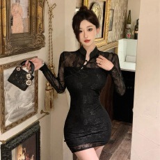 批发假两件小个子2026春秋新款复古旗袍性感修身显瘦包臀礼服连衣裙